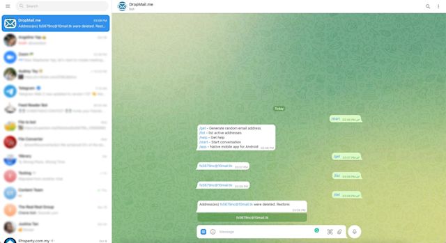 ALT: This is a screenshot that shows how to use DropMail bot to generate temporary email address.
