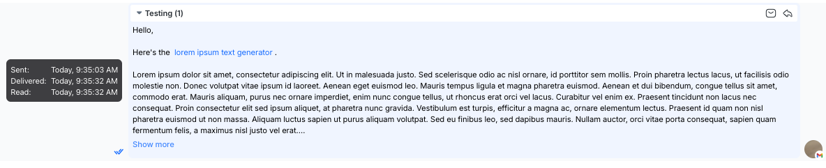 Sent email timestamp which includes the date and time the email was sent, delivered and read.