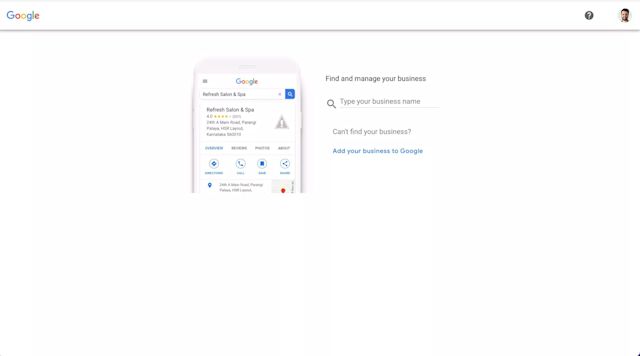 This image shows how to create a Google Profile for Business. Start by typing your business name.