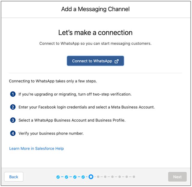 A screenshot of connecting to WhatsApp step in Salesforce