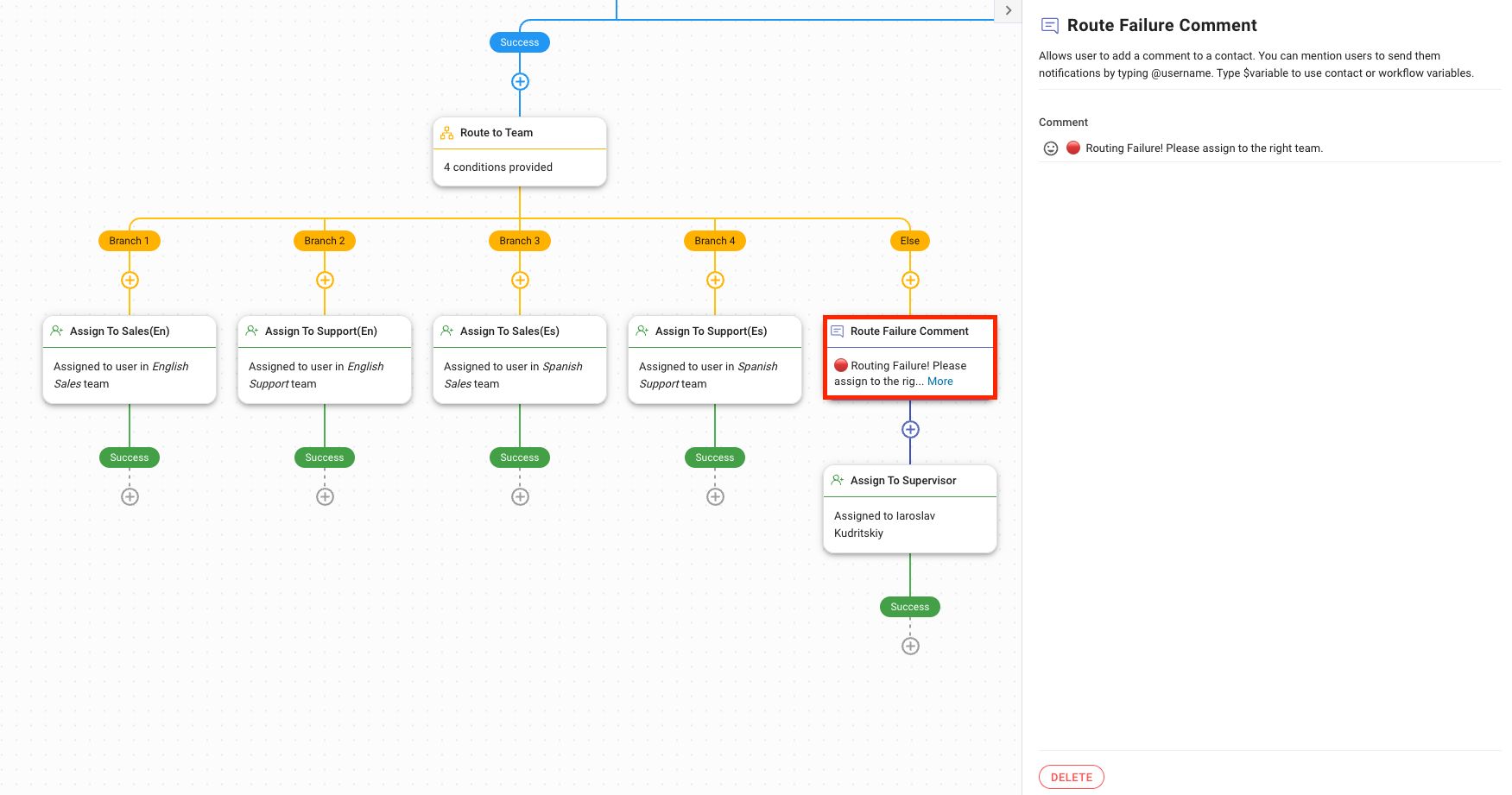 Gestione dei guasti di routing nel modulo workflow respond.io