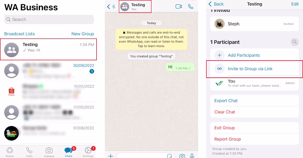 This is a screenshot that shows the steps to creating group link. Go to the Whatsapp group chat that you want to generate a whatsapp group link for. Then tap on the name of the Whatsapp group. Finally click incite to group via link under participants.
