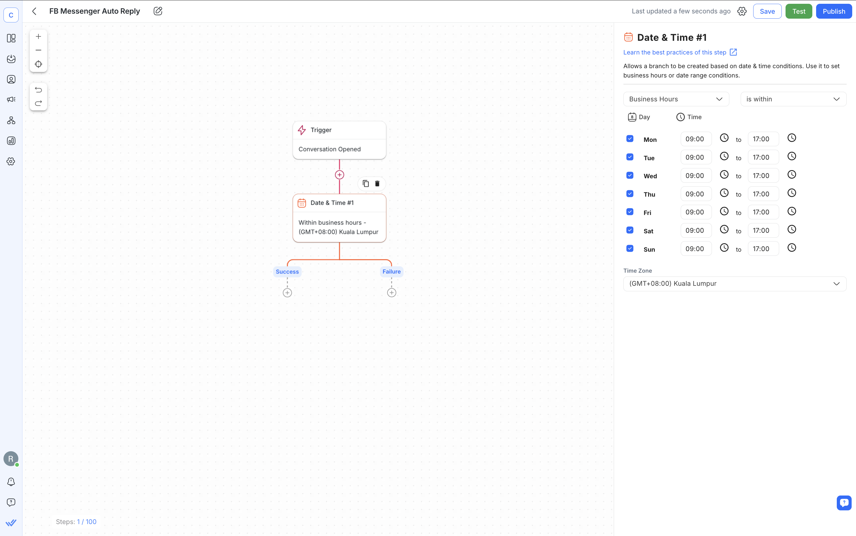 Image showing the date and time setup on respond.io's Workflows.