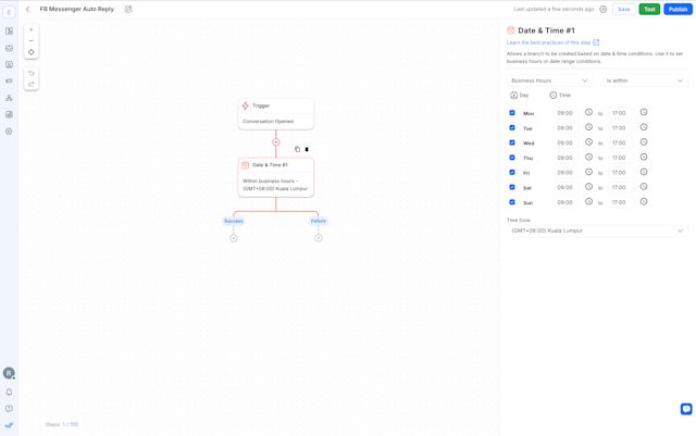 Image showing the date and time setup on respond.io's Workflows.