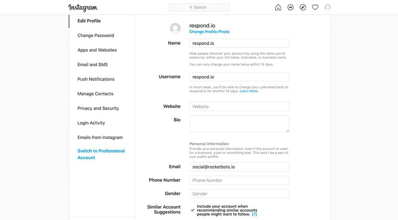 This is an image that describes how to switch to business account on instagram desktop. First, go to setting and click switch to professional accounts. 