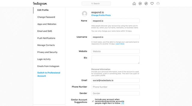 This is an image that describes how to switch to business account on instagram desktop. First, go to setting and click switch to professional accounts. 