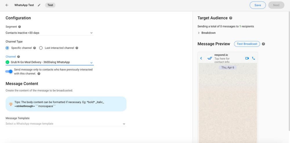 This is an image that shows how businesses can use respond.io's broadcast module to send targeted promotions or updates in bulk to loyal customers.  