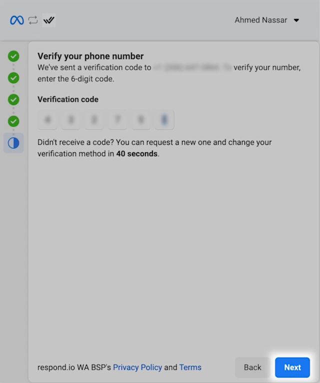 This image shows how to add your WhatsApp Business phone number and choose a verification method.