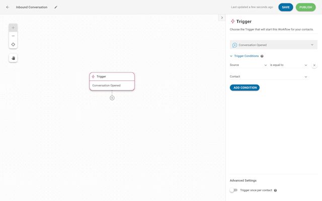 This is an image showing how to set up a Trigger for an Inbound Conversation Workflow. To set up the trigger for Inbound Conversation Workflows, navigate to the Workflow Builder. Then, select Conversation Opened as the Trigger so that the Workflow runs every time a Conversation is opened.