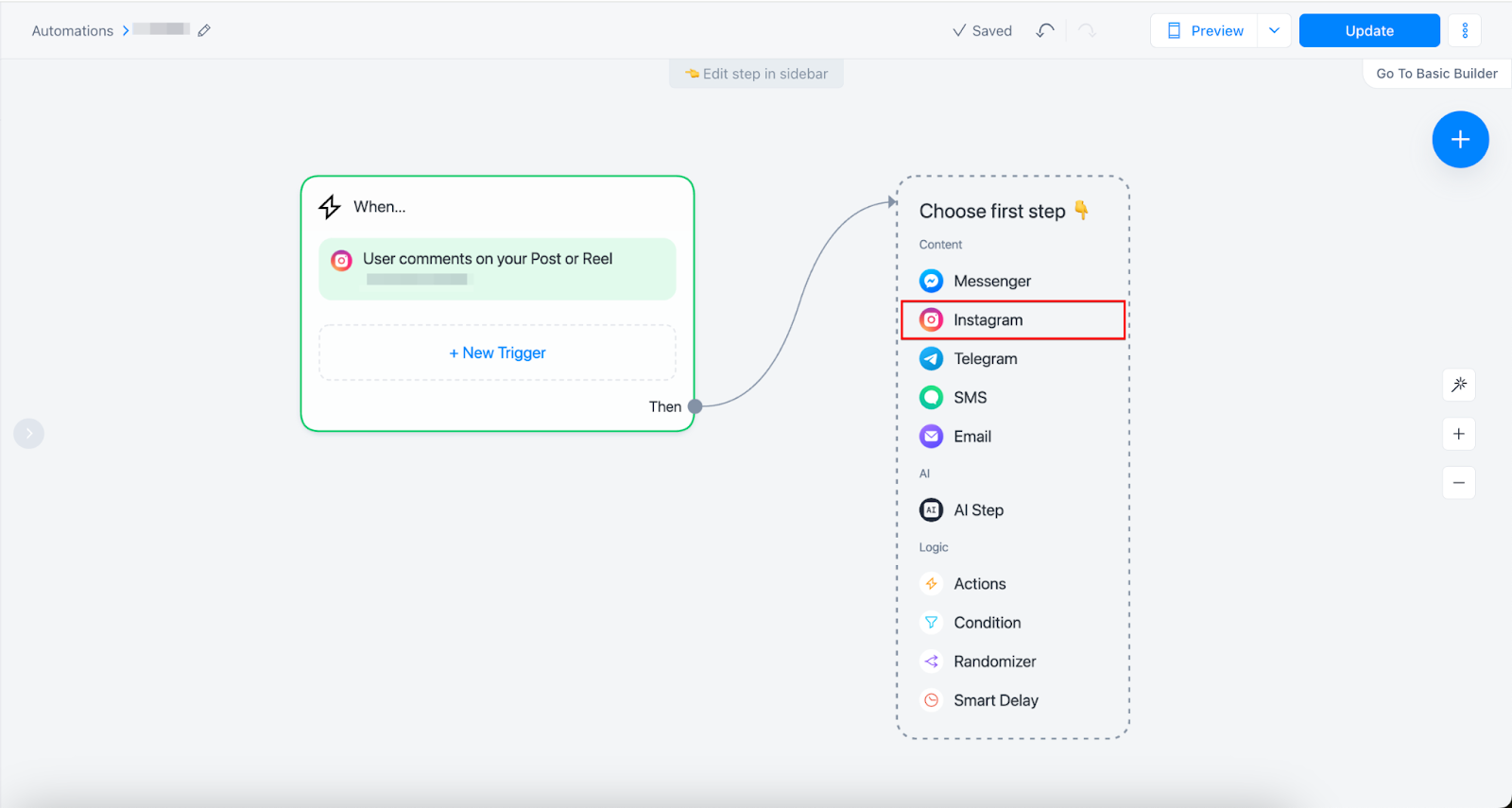 Screenshot showing how to set up an Instagram chatbot in Manychat