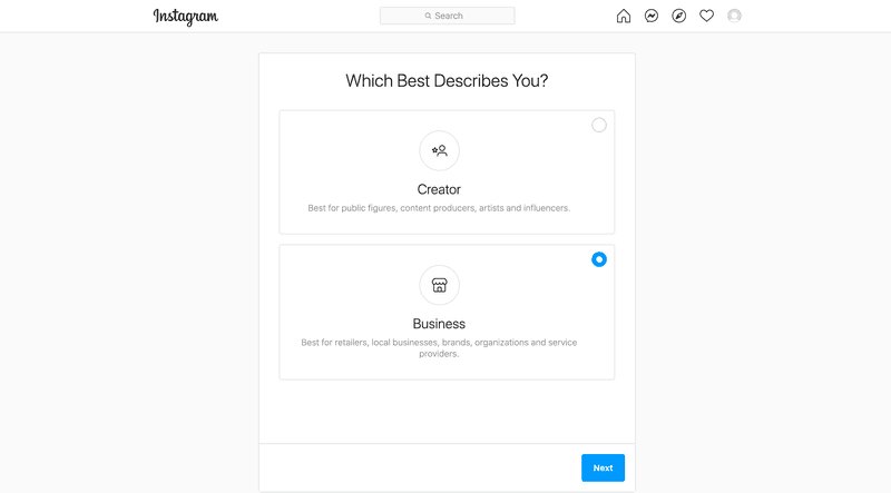 This is an image that describes how do i switch to business account on instagram. Choose business and click next. 