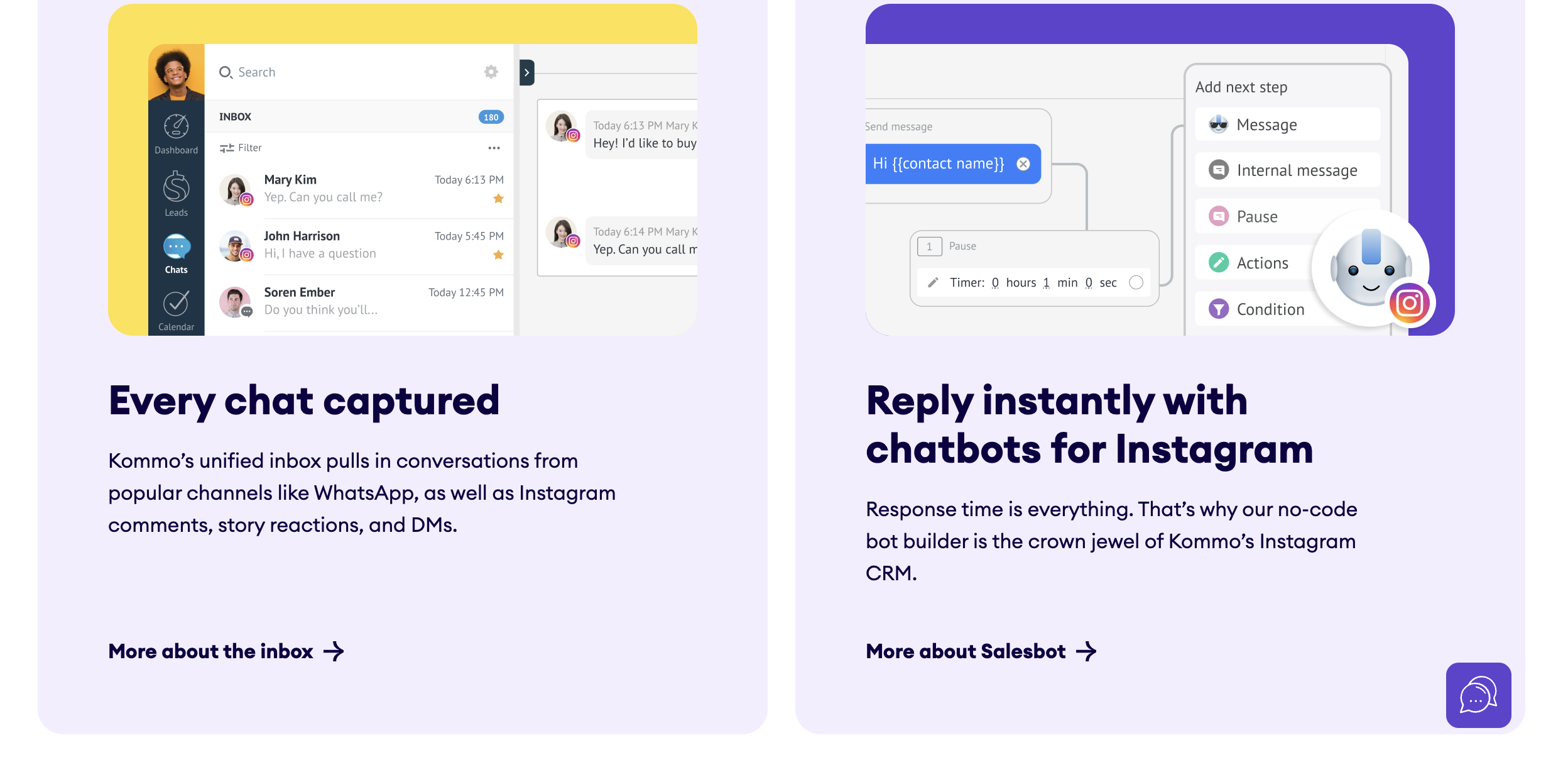 Screenshot of Kommo's landing page for its Instagram chatbot