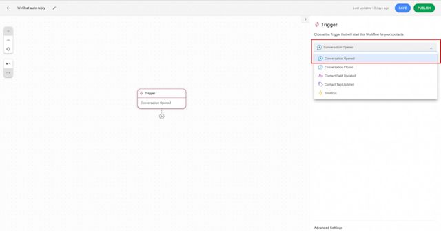 This is a screenshot that shows the process of setting auto replies. Set the Workflow Trigger to Conversation Opened.