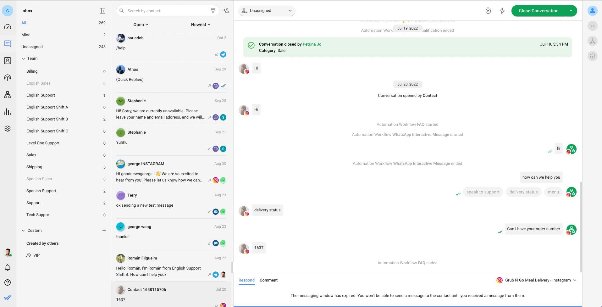 This image shows Respond.io's omnichannel inbox, which allows businesses to manage all their customer inquiries from different messaging channels, including WhatsApp, Facebook Messenger, and others, in one place. This centralization can help agents respond to inquiries more efficiently and reduce the likelihood of missing any inquiries. It's a useful tool for WhatsApp for real estate.