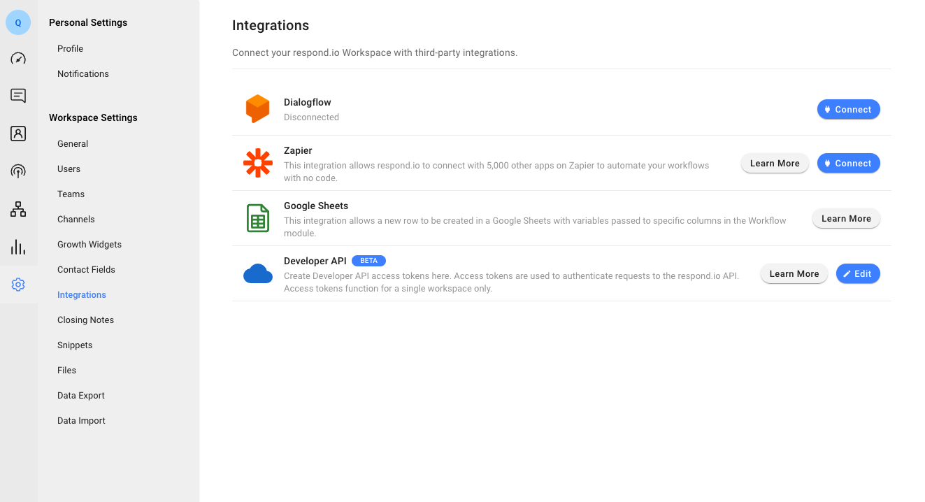 Image depicting various integration options available with respond.io