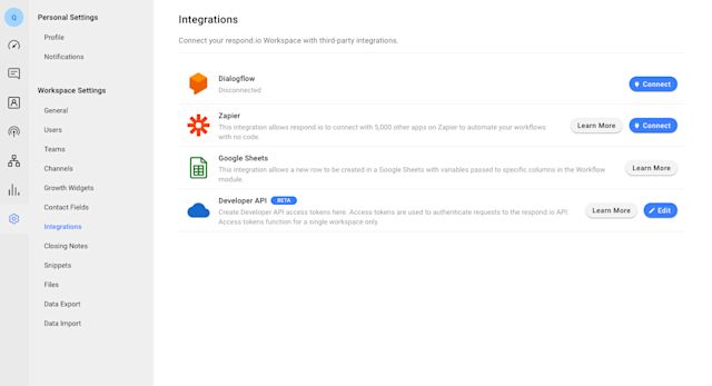 Image depicting various integration options available with respond.io