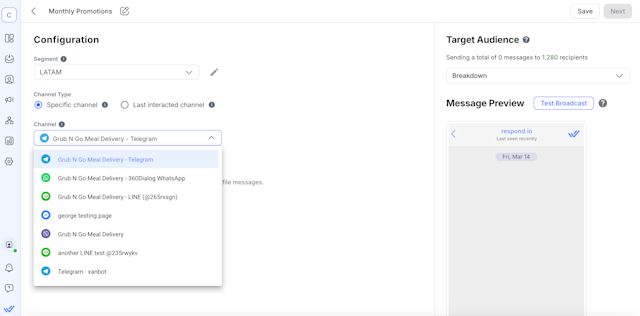 An image of the broadcasts feature on respond.io to send messages on multiple channels