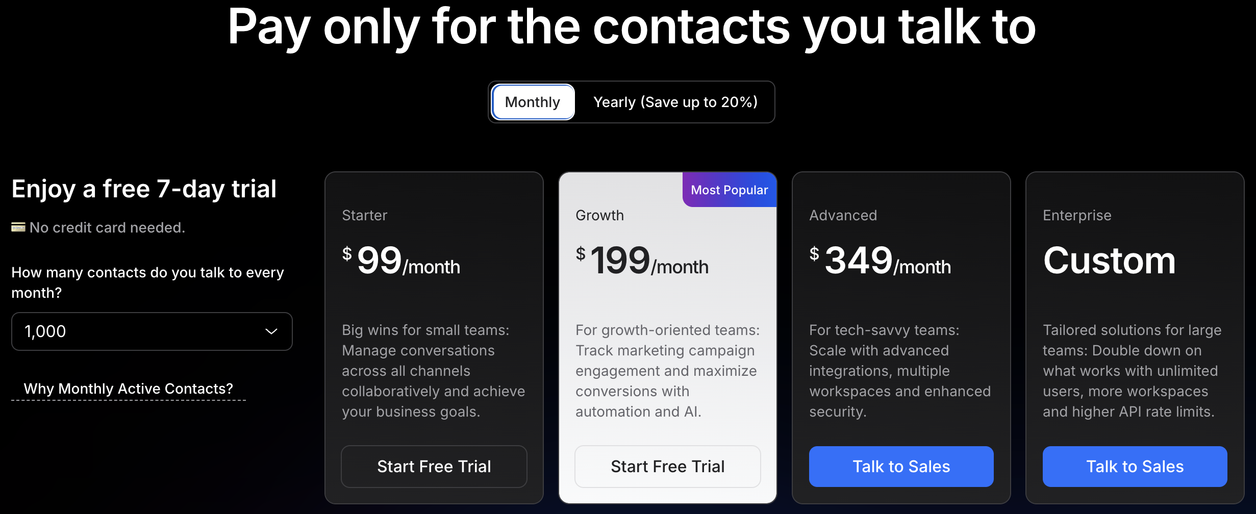 This image shows the three respond.io subscription plans, each designed to support different stages of a business’ growth. Choose our monthly subscription or opt for an annual subscription to benefit from a 20% discount. 