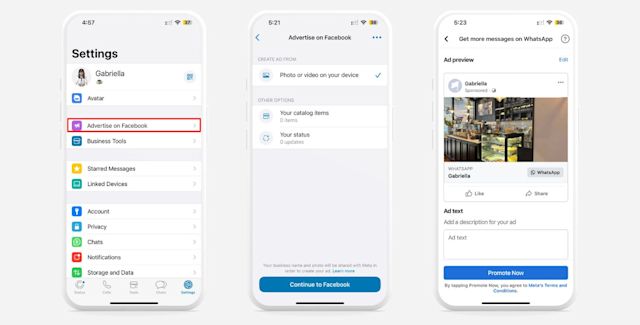 Screenshots of three phone screens showing the steps to set up WhatsApp click to chat ads