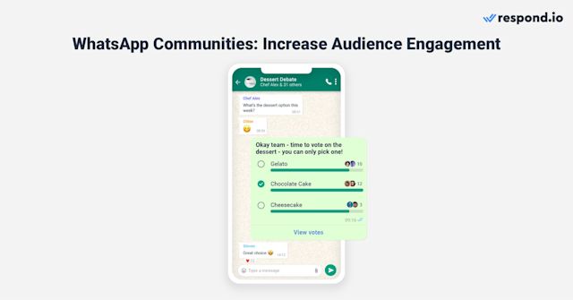 This image shows how to increase audience engagement with communities WhatsApp by using polls. For example, a food and beverage business could use WhatsApp Polls to ask a customer group about their favorite soda flavor. Similarly, an event organizer could use WhatsApp Polls to estimate how many people are attending a private party.