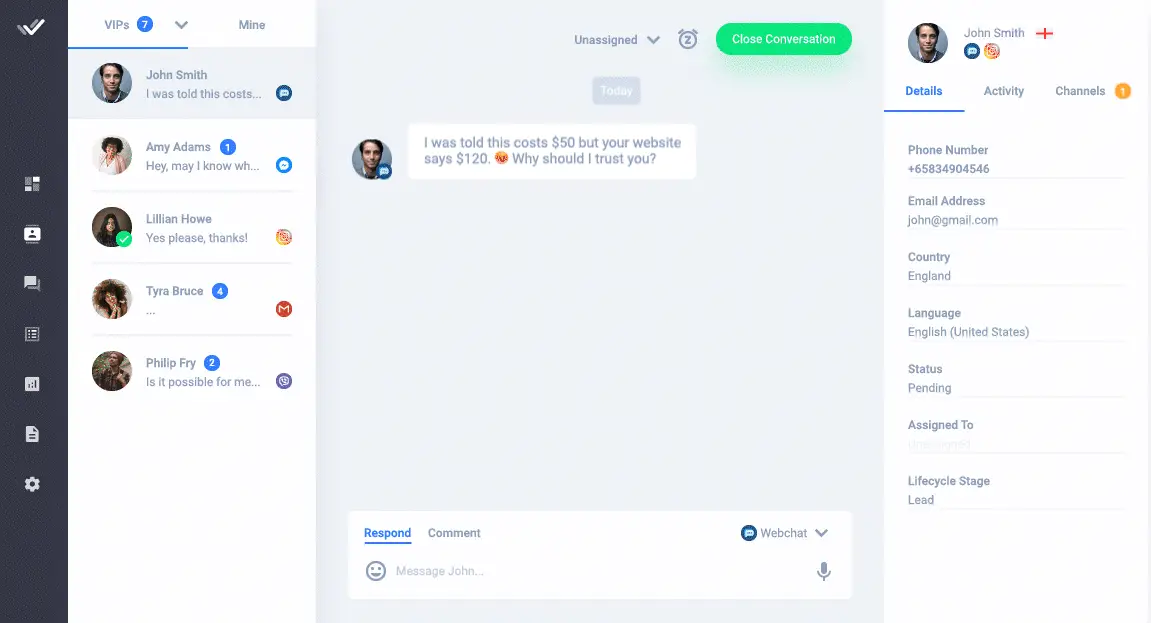 นี่คือภาพที่แสดงวิธีการทำงานของฟีเจอร์ผสานข้อมูลติดต่อของ respond.io คุณลักษณะการผสานการติดต่อจะให้มุมมองที่ครอบคลุมของลูกค้าของคุณ ด้วยการเข้าถึงข้อมูลประวัติของลูกค้าได้อย่างง่ายดาย ตัวแทนสามารถตอบกลับพวกเขาได้เร็วขึ้นจากแดชบอร์ดส่วนกลาง