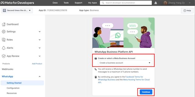 Click Continue to accept WhatsApp Cloud API’s terms and conditions. If you left your Business Manager account unselected in step 3, you may leave your Business Account unselected here and Facebook will automatically create a business account later.