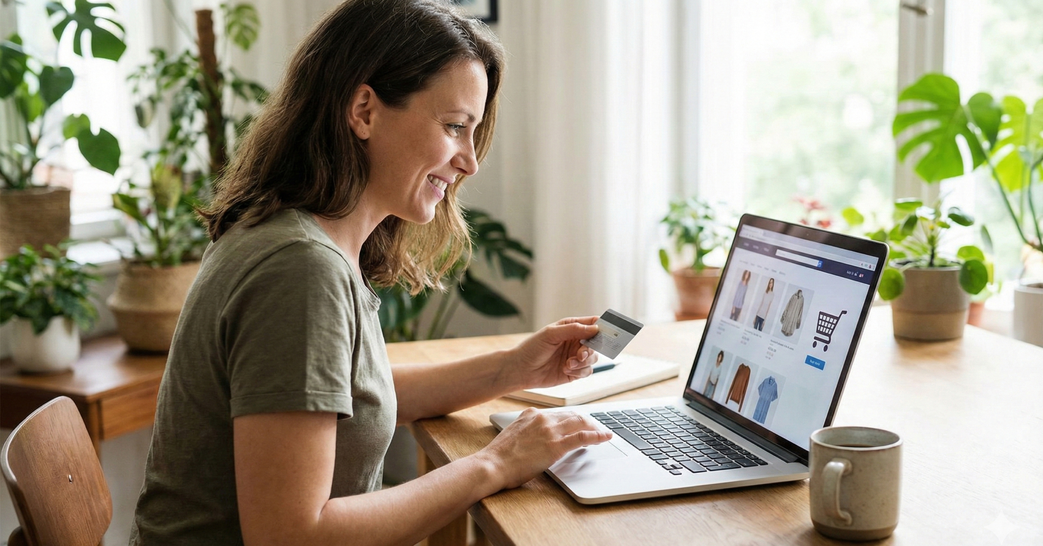 image of a woman sitting at a laptop shopping online from a retailer like Diskat. Diskat uses respond.io's AI Agents to chat with customers and close sales online.