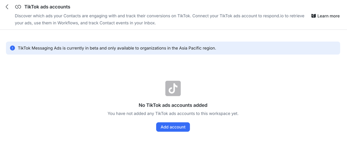 A screenshot of the TikTok ads account page on respond.io