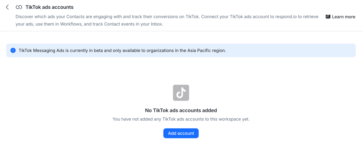 A screenshot of the TikTok ads account page on respond.io