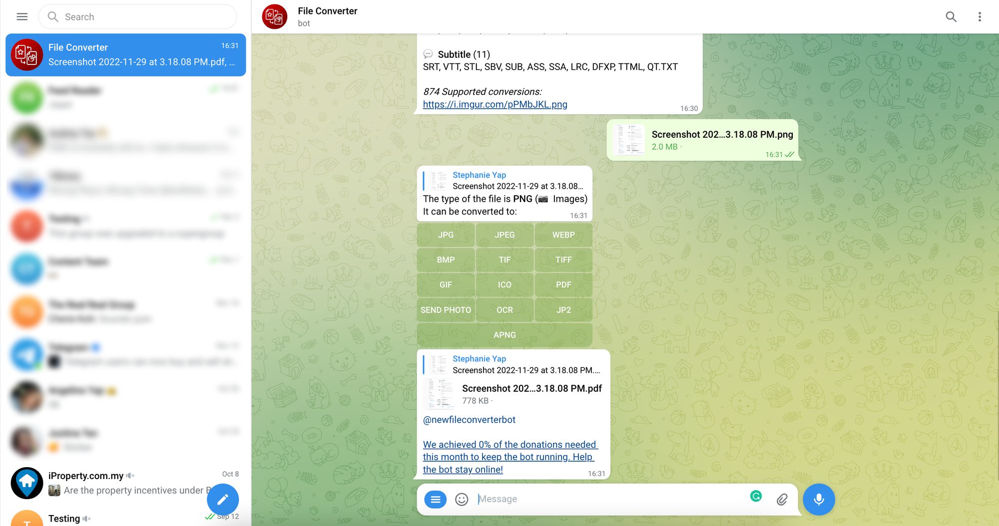 Ceci est une capture d'écran qui montre comment utiliser le robot de conversion de fichiers sur votre Telegram