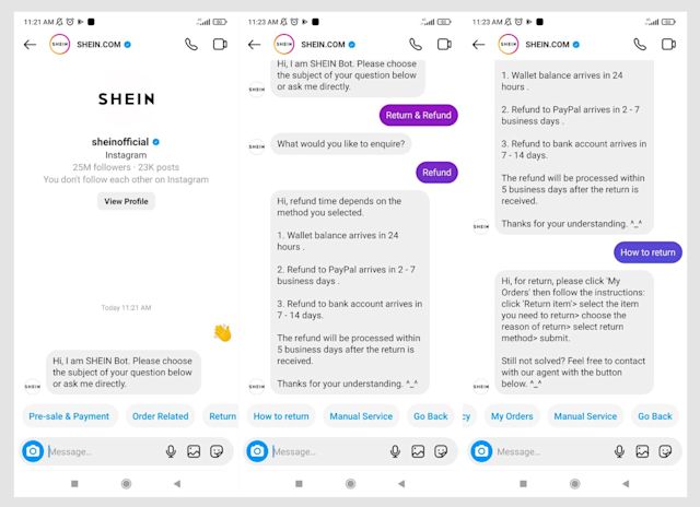 This image shows how Shein uses Instagram to answer to its clients