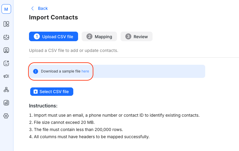 See an example of a populated CSV file by clicking the hyperlink to download the sample.