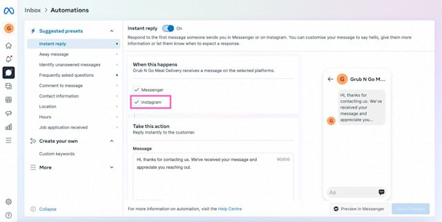 Select which channel you'd like to receive messages on, Messenger or Instagram