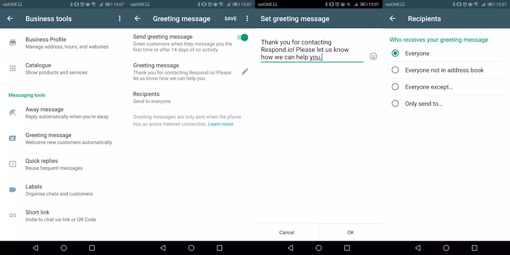 This is an image of how to set up a greeting message on WhatsApp Business App. WhatsApp treats greeting and away messages as separate features for easy switching between the two on the Business App. However, WhatsApp API users who integrate their accounts with a WhatsApp CRM like respond.io have far more flexibility when it comes to this.