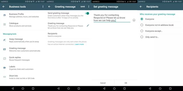 This is an image of how to set up a greeting message on WhatsApp Business App. WhatsApp treats greeting and away messages as separate features for easy switching between the two on the Business App. However, WhatsApp API users who integrate their accounts with a WhatsApp CRM like respond.io have far more flexibility when it comes to this.