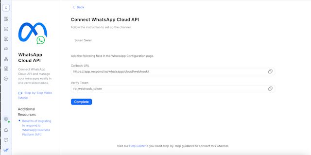 Copy the Callback URL and Verify Token and add it to your WhatsApp Cloud API configuration page. Then, click Done.