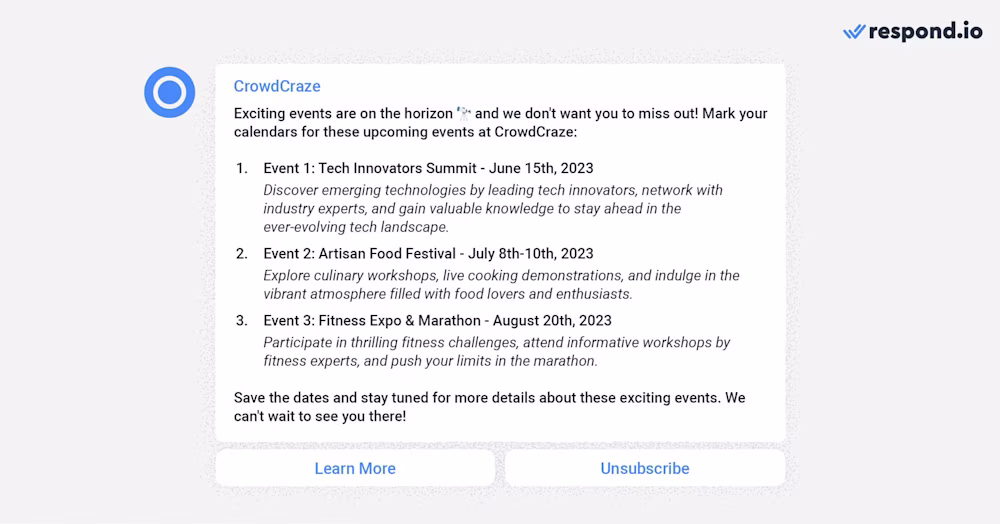 This image shows how to use newsletter WhatsApp to announce upcoming events. Keep your subscribers informed about upcoming events, such as conferences, webinars, or product launches. Provide event details, schedules, and registration information. 