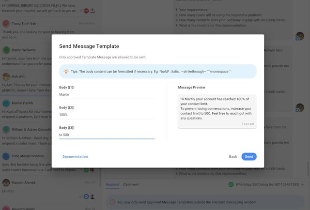 This image shows the creation of a message template on respond.io, considered one of the best conversational customer support software available