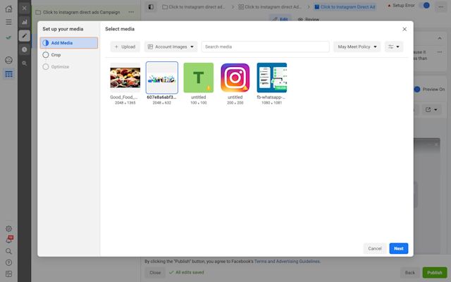 This is a picture about how to an Instagram ad. Add media from Ad Creative. Images will be automatically cropped but you can manually edit them.