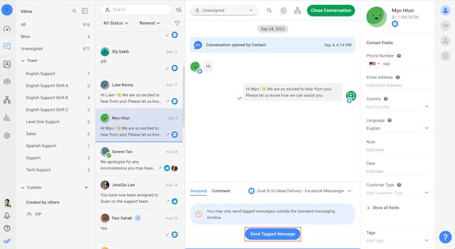 This image shows Facebook Message Tags, a useful tool to reengage with customers after the Messenger conversation window expires. You can try it now on respond.io. 