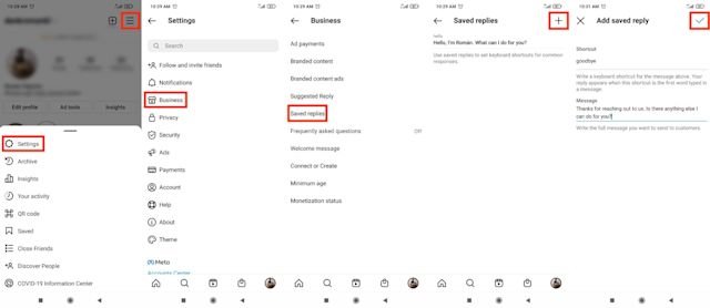 4 phone screenshots showing where to find the Instagram quick replies feature