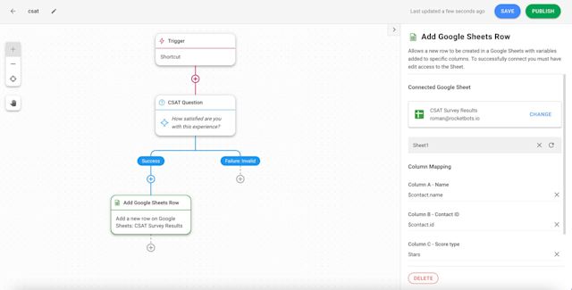 Messenger Customer Support: After a conversation with a customer ends, add the CSAT survey. To save their responses, use Google Sheets Row Step on respond.io Workflow
