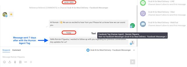 This image shows the Human Agent tag in action. This Facebook feature is only available to few messaging platforms like respond.io