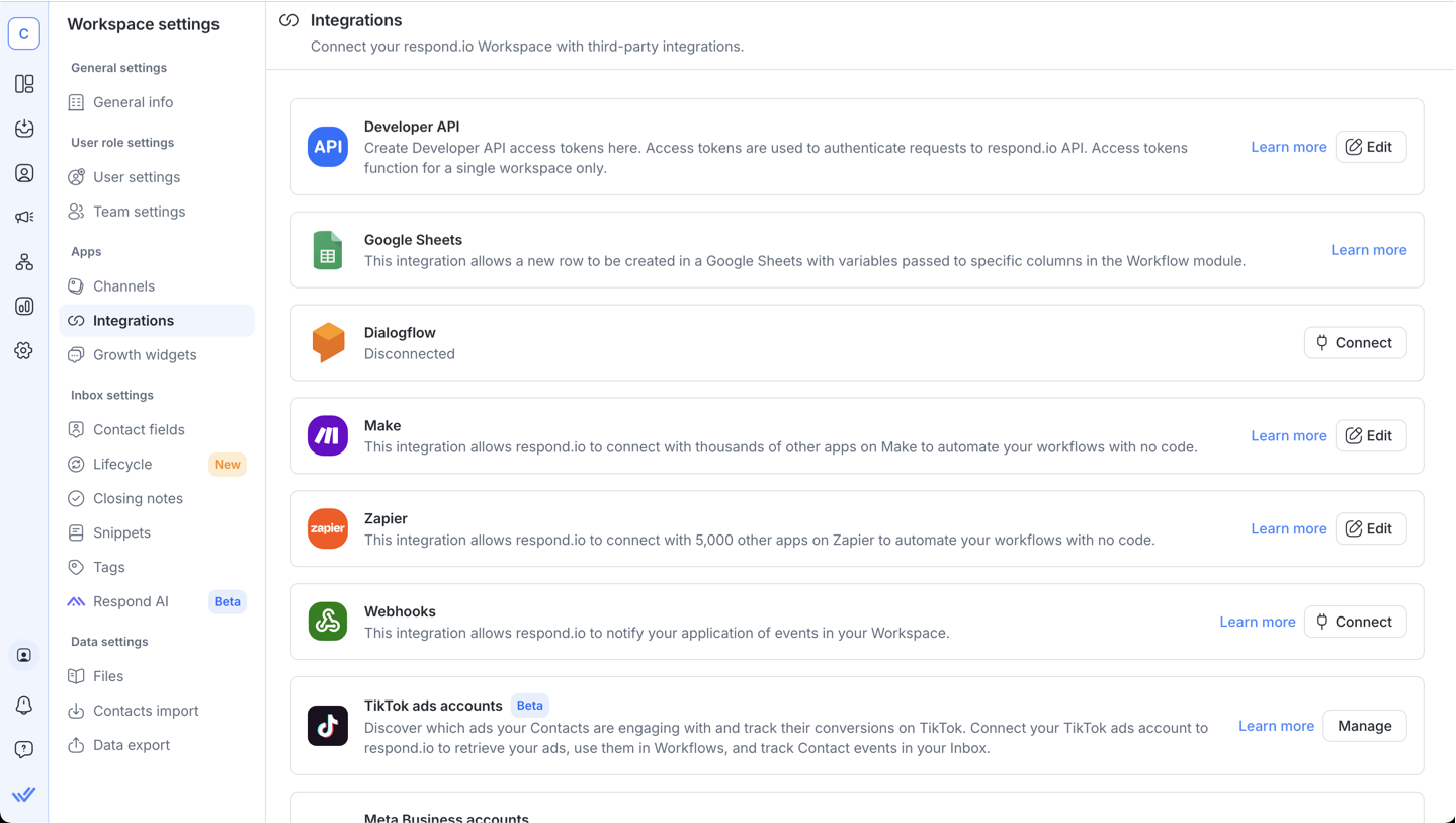 A screenshot of the Integrations page on respond.io