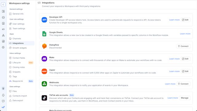 A screenshot of the Integrations page on respond.io