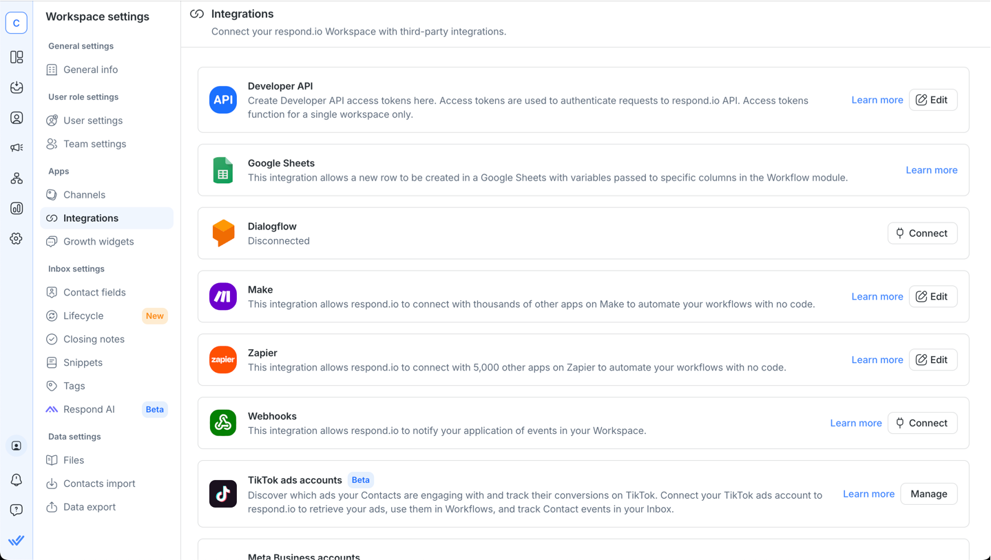 A screenshot of the Integrations page on respond.io