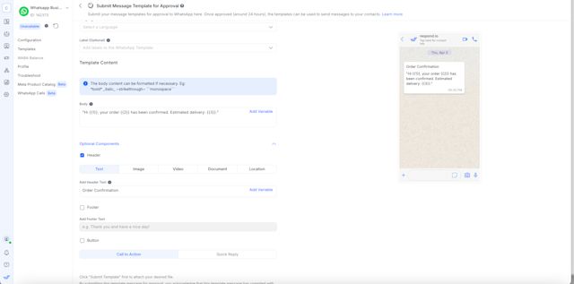 This image shows how to send Template WhatsApp Messages for submission with respond.io. 3. Fill in your template name, category, language and template body.