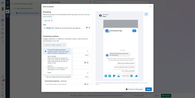This image shows how to create a Facebook Messenger campaign in the Meta Ads Manager. Create a template with a welcome message to greet customers and manage response time expectations.
