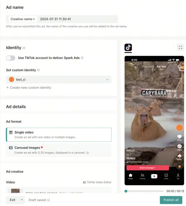 A screenshot of the tiktok platform to create a messaging ad