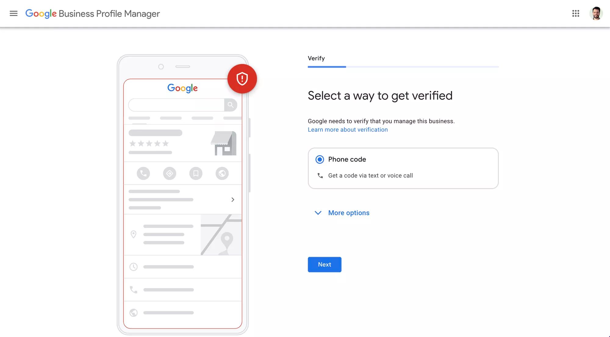 Questa immagine mostra come sottoporsi alla verifica del profilo Google Business. Scegliere un metodo di verifica per essere in grado di gestire il profilo aziendale Google.